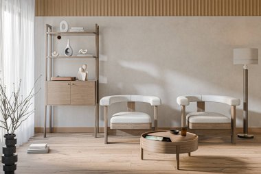 Oturma odasının modern iç tasarımı yumuşak nötr tonlarda. İç modelleme, 3D canlandırma