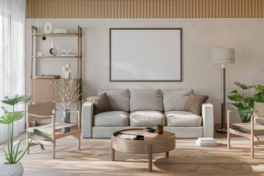 Oturma odasının modern iç tasarımı yumuşak nötr tonlarda. İç modelleme, 3D canlandırma