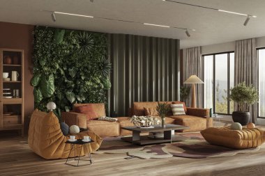 Modern oturma odasındaki dikey yeşil duvar iç tasarım, 3D