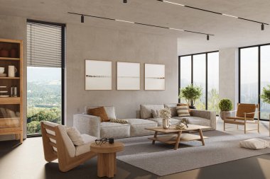 Cilalı beton duvarları ve rahat mobilyaları olan modern bir ev. İç modelleme, 3D görüntüleme