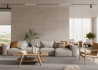 Cilalı beton duvarları ve rahat mobilyaları olan modern bir ev. İç modelleme, 3D görüntüleme