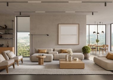 Cilalı beton duvarları ve rahat mobilyaları olan modern bir ev. İç modelleme, 3D görüntüleme