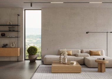 Cilalı beton duvarları ve rahat mobilyaları olan modern bir ev. İç modelleme, 3D görüntüleme