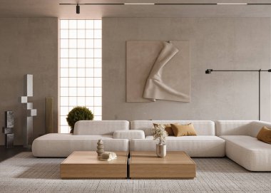 Cilalı beton duvarları ve rahat mobilyaları olan modern bir ev. İç modelleme, 3D görüntüleme