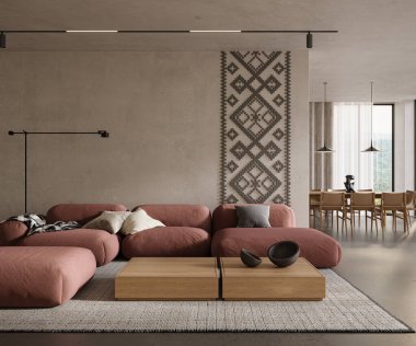 Cilalı beton duvarları ve rahat mobilyaları olan modern bir ev. İç modelleme, 3D görüntüleme