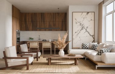 Stüdyo odası, yemek pişirme alanı, beyaz duvarlar, ahşap döşeme ve modern ahşap mobilyalar. Minimalist tasarım, 3D görüntüleme