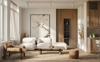 Stüdyo odası, yemek pişirme alanı, beyaz duvarlar, ahşap döşeme ve modern ahşap mobilyalar. Minimalist tasarım, 3D görüntüleme