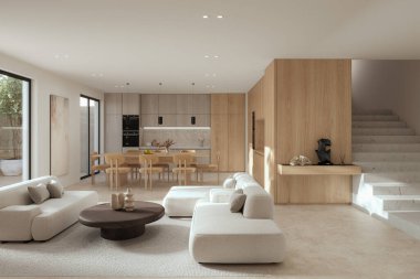 Geniş pencereli, rahat kanepeli, yemek masalı ve ahşap döşemeli açık bir oturma odası ve mutfak. Modern tasarım çözümü, 3d görüntüleme