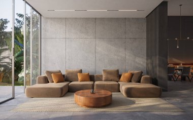 Cilalı beton duvarları ve modern mobilyaları olan modern bir ev. İç modelleme, 3D görüntüleme