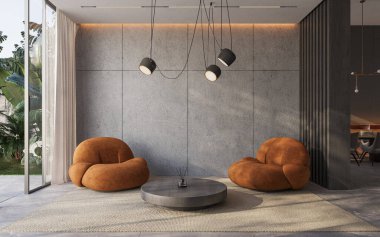 Cilalı beton duvarları ve modern mobilyaları olan modern bir ev. İç modelleme, 3D görüntüleme