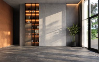 Cilalı beton duvarları ve modern mobilyaları olan modern bir ev. İç modelleme, 3D görüntüleme