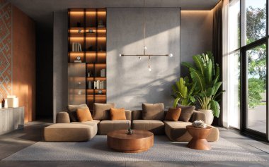 Cilalı beton duvarları ve modern mobilyaları olan modern bir ev. İç modelleme, 3D görüntüleme