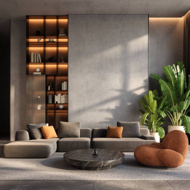 Cilalı beton duvarları ve modern mobilyaları olan modern bir ev. İç modelleme, 3D görüntüleme