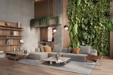 Vertical Green Wall  in modern living room interior with polished concrete walls and modern furnitre, 3d render