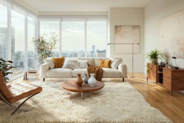 Minimalist oturma odası, rahat beyaz bir kanepe, güzel yastıklar, ahşap mobilyalar ve modern dekorasyon, 3D 