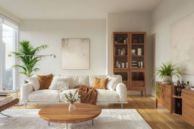 Minimalist oturma odası, rahat beyaz bir kanepe, güzel yastıklar, ahşap mobilyalar ve modern dekorasyon, 3D 