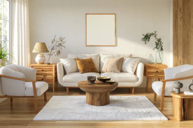 Minimalist oturma odası, rahat beyaz bir kanepe, güzel yastıklar, ahşap mobilyalar ve modern dekorasyon, 3D 