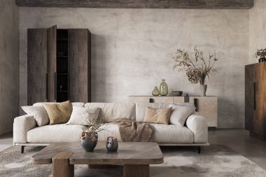 Kurumuş bitkiler, beton duvarlar ve eski ahşap mobilyalar gibi doğal elementlerle modern ve samimi iç mekanlar. Rustik iç mimari, 3D görüntüleme