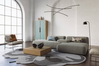 Çağdaş iç tasarım, rahat bir kanepe ve ahşap mobilyalar, kemerli beyaz bir duvar zeminine karşı, 3D