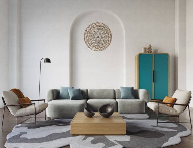 Çağdaş iç tasarım, rahat bir kanepe ve ahşap mobilyalar, kemerli beyaz bir duvar zeminine karşı, 3D