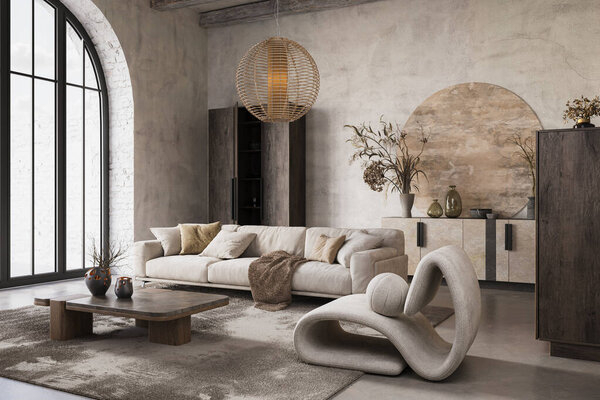 Modern and cozy interior in neutral tones with natural elements like dried plants, concrete wall and old wooden furniture. Rustic interior, 3d render