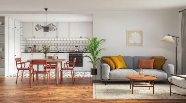 Stüdyo odasının içi dinlenme odası ve yemek odası kanepe ve yemek masasıyla döşenmiş. Modern tasarım çözümü, 3d görüntüleme