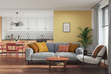 Stüdyo odasının içi dinlenme odası ve yemek odası kanepe ve yemek masasıyla döşenmiş. Modern tasarım çözümü, 3d görüntüleme