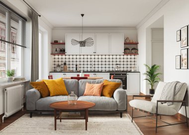 Stüdyo odasının içi dinlenme odası ve yemek odası kanepe ve yemek masasıyla döşenmiş. Modern tasarım çözümü, 3d görüntüleme