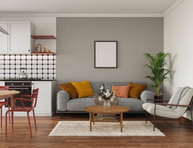 Stüdyo odasının içi dinlenme odası ve yemek odası kanepe ve yemek masasıyla döşenmiş. Modern tasarım çözümü, 3d görüntüleme