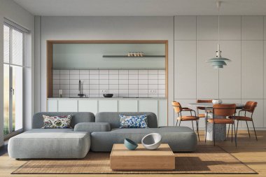 Stüdyo odasının içi dinlenme odası ve yemek odası kanepe ve yemek masasıyla döşenmiş. Modern tasarım çözümü, 3d görüntüleme