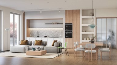 Stüdyo odasının içi dinlenme odası ve yemek odası kanepe ve yemek masasıyla döşenmiş. Modern tasarım çözümü, 3d görüntüleme