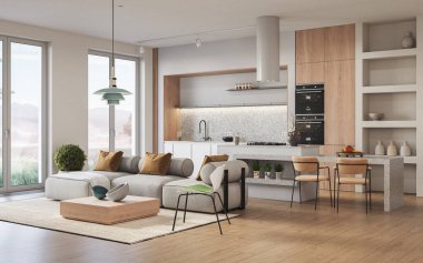 Stüdyo odasının içi dinlenme odası ve yemek odası kanepe ve yemek masasıyla döşenmiş. Modern tasarım çözümü, 3d görüntüleme