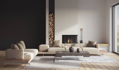 Minimalist oturma odasının içinde modern şömine var. İç modelleme, 3D canlandırma