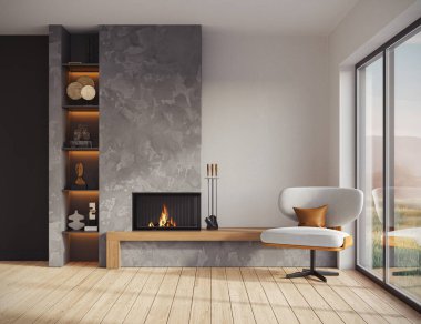 Minimalist oturma odasının içinde modern şömine var. İç modelleme, 3D canlandırma