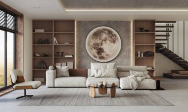 Modern tasarımcı mobilyalarının ve zarif aksesuarların yer aldığı şık bir oturma odası.