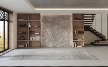 Modern tasarımcı mobilyalarının ve zarif aksesuarların bulunduğu şık bir oturma odası. Üç boyutlu doğal iç mekan taşından duvar.