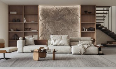 Modern tasarımcı mobilyalarının ve zarif aksesuarların bulunduğu şık bir oturma odası. Üç boyutlu doğal iç mekan taşından duvar.