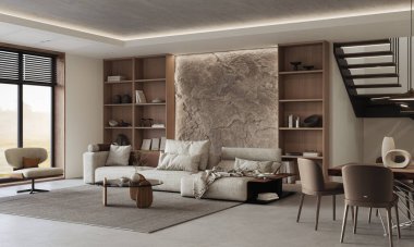 Modern tasarımcı mobilyalarının ve zarif aksesuarların bulunduğu şık bir oturma odası. Üç boyutlu doğal iç mekan taşından duvar.