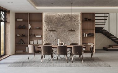 Modern tasarımcı mobilyalarının ve zarif aksesuarların bulunduğu şık bir oturma odası. Üç boyutlu doğal iç mekan taşından duvar.