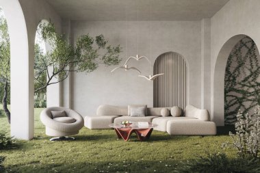 Doğal ve organik elementlerle iç tasarım, 3D görüntüleme 