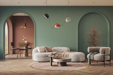 Canlı kavisli duvarları ve modaya uygun mobilyaları olan modern bir dairenin iç tasarımı.