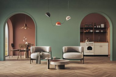 Canlı kavisli duvarları ve modaya uygun mobilyaları olan modern bir dairenin iç tasarımı.