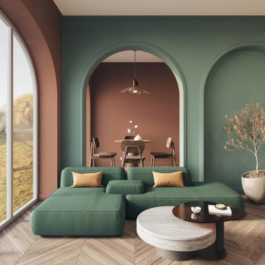 Canlı kavisli duvarları ve modaya uygun mobilyaları olan modern bir dairenin iç tasarımı.