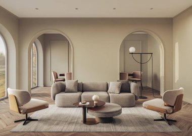 Işıl ışıl pastel renklerde, ahşap döşemeli, kavisli duvarlı, 3D işlemeli rahat bir ev.