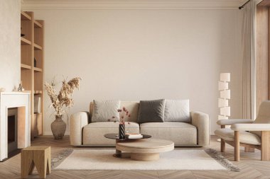 Ahşap rafların ve modern mobilyaların yer aldığı modern oturma odası, 3D renderig