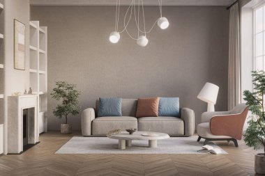 Ahşap rafların ve modern mobilyaların yer aldığı modern oturma odası, 3D renderig