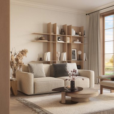 Ahşap rafların ve modern mobilyaların yer aldığı modern oturma odası, 3D renderig