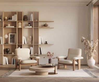 Ahşap rafların ve modern mobilyaların yer aldığı modern oturma odası, 3D renderig
