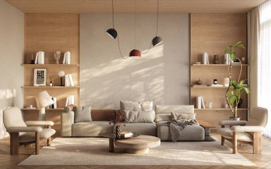 Zarif, davetkar bir iç mekan sıcak nötr tonlar, parlak modern mobilyalar ve ahşap raflar, 3D tasarım.