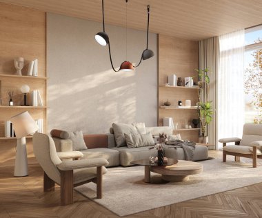 Zarif, davetkar bir iç mekan sıcak nötr tonlar, parlak modern mobilyalar ve ahşap raflar, 3D tasarım.